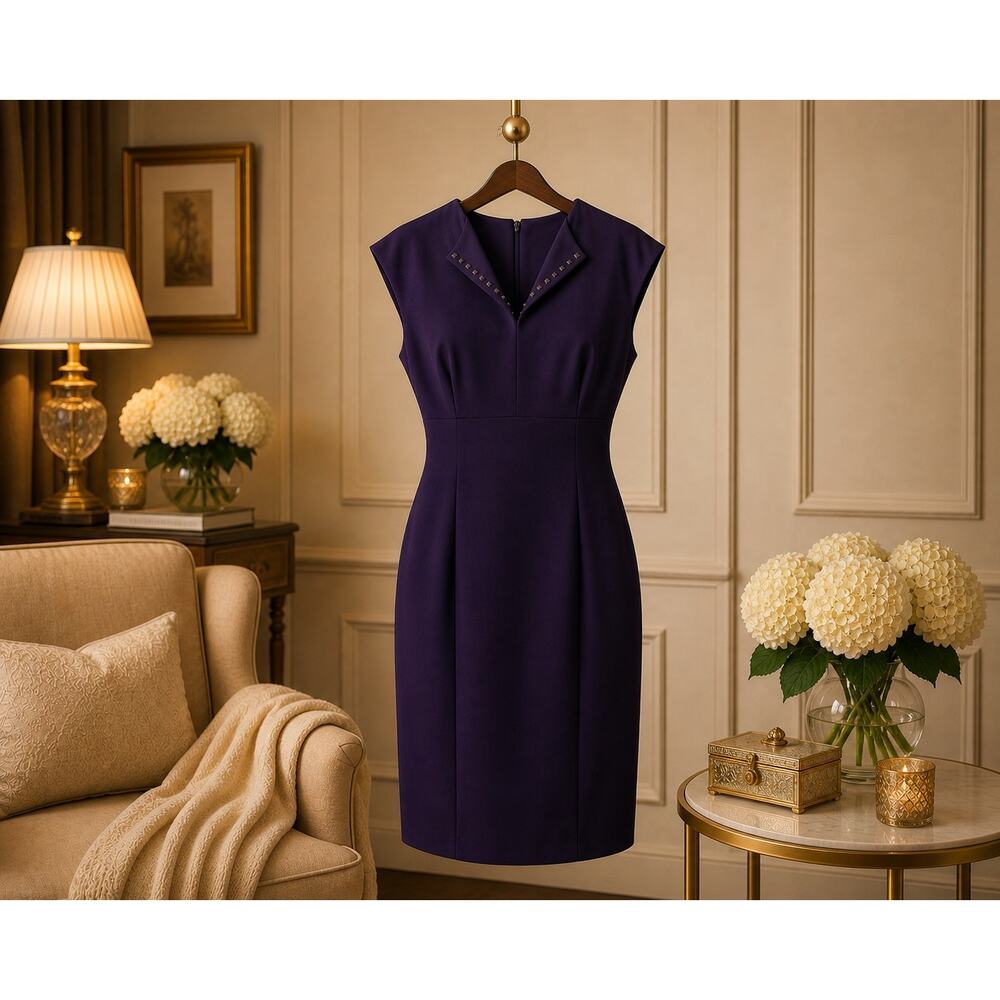 Tahari Purple Sheath Dress 6 NWT Embellished Career Cocktail Dress Professional